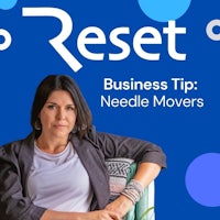 a woman sitting on a chair with the words rest business tip needle movers