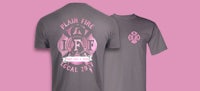 a gray t - shirt with a pink firefighter on it